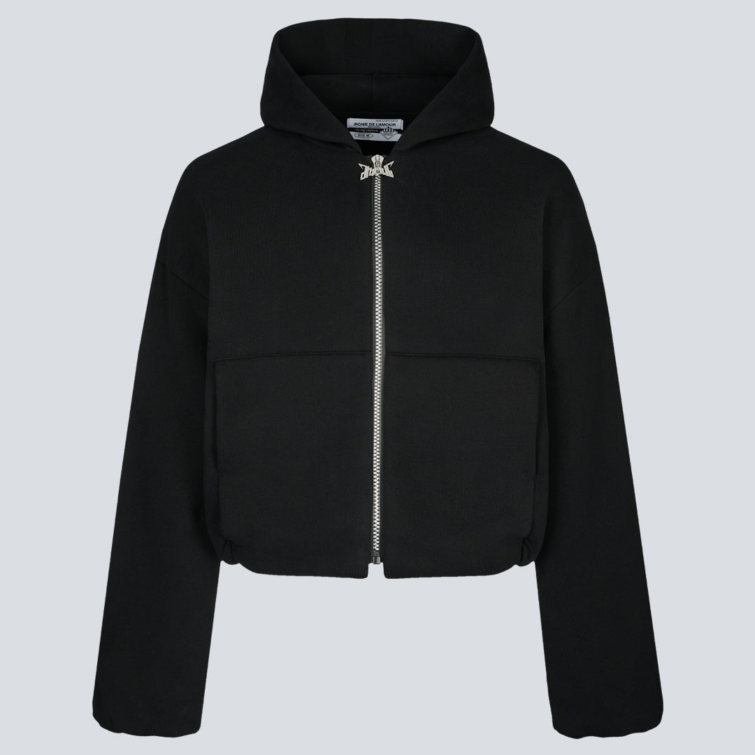 heavy cropped double layer zip hoodie [FULL ZIP] - OBSIDIAN